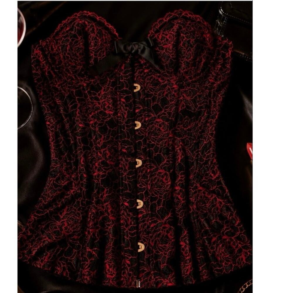 Savage X Fenty Red Black Lace Bustier Top S Dark Feminine Gothic Romance NWOT